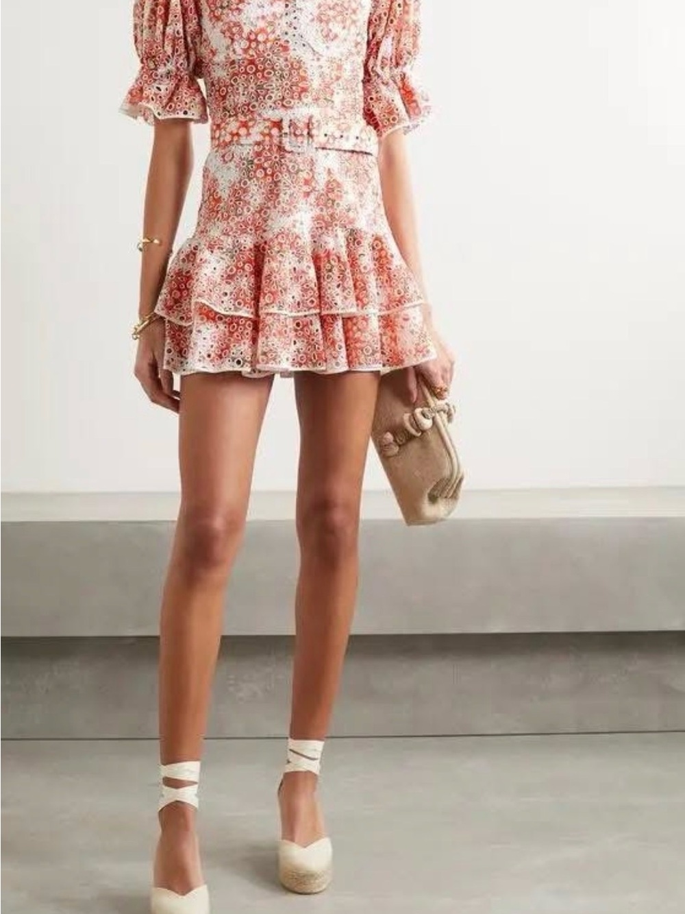 Charo Ruiz Jean-Off-The-Shoulder Belted Printed Broderie Anglaise Mini Dress